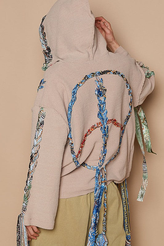 Back To School Sweater - POL Contrast Thread Peace Back Hooded Sweater