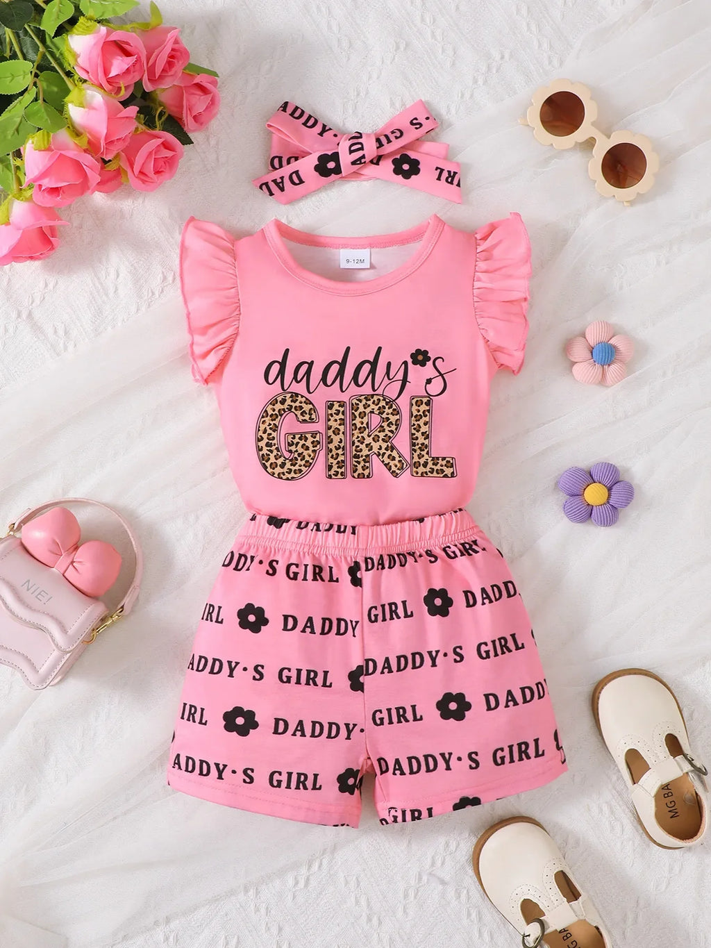 Children's Headband Letter Ruffle Sleeve Top and Shorts 3-Piece Set