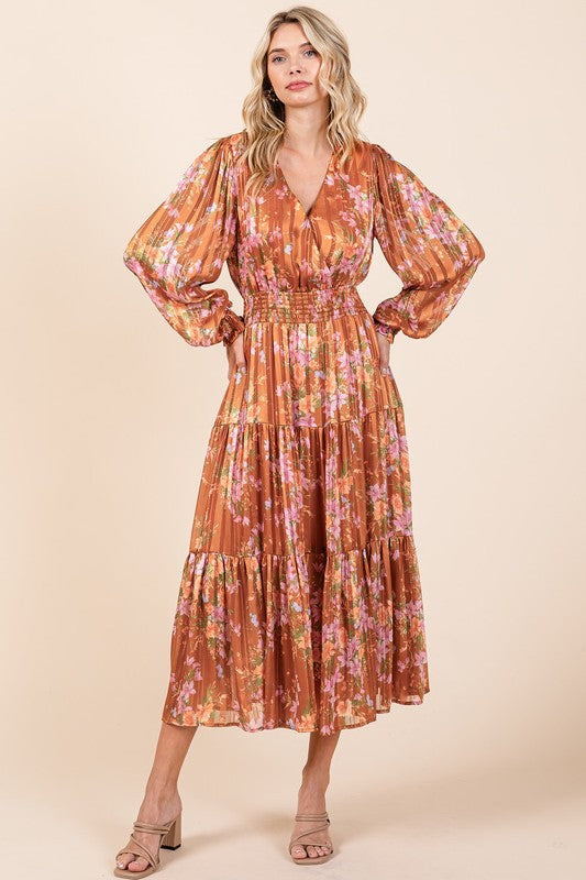 Flower Print Satin Lurex Stripe Smocked Midi Summer Dress – Elegant Midi Dress, Satin Lurex Dress, Floral Dress, Smocked Waist Dress, Romantic Midi Dress, Special Occasion Dress
