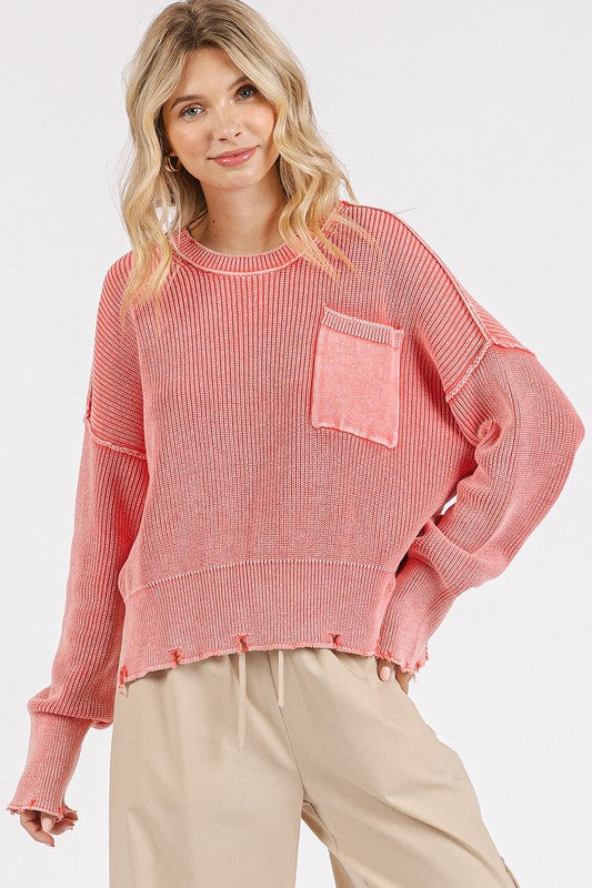 Back To School Sweater - Mittoshop Distressed Hem Round Neck Dropped Shoulder Sweater