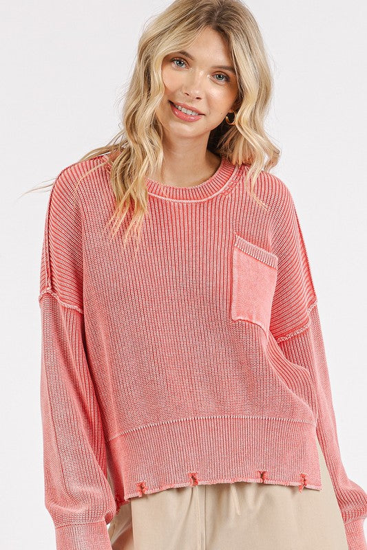 Back To School Sweater - Mittoshop Distressed Hem Round Neck Dropped Shoulder Sweater