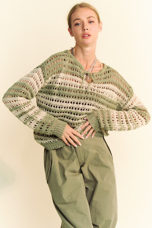 Back To School Sweater - Davi & Dani Contrast Striped Crochet Drop Shoulder Knit Cover Up