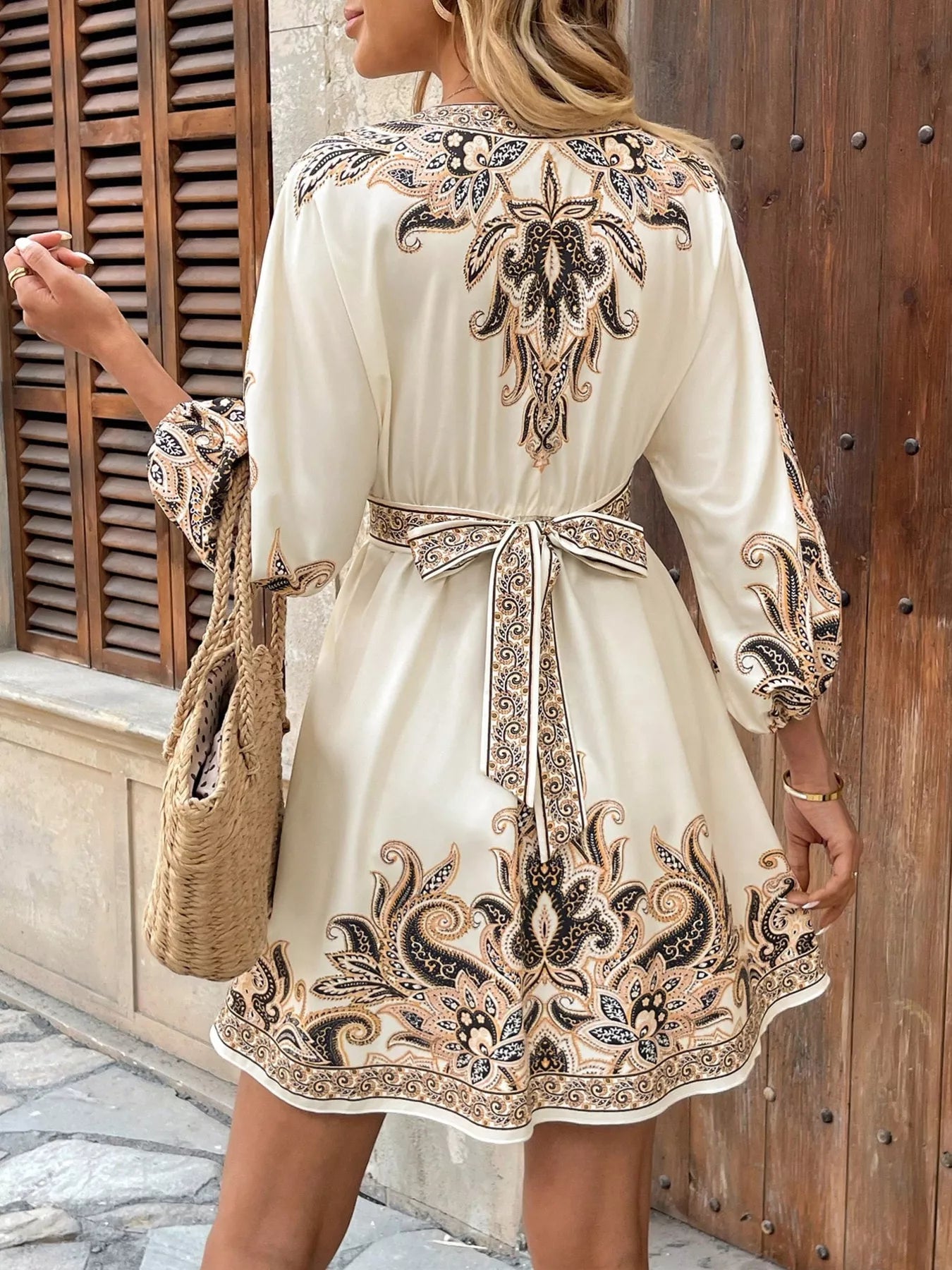 Printed Balloon Sleeve Mini Dress