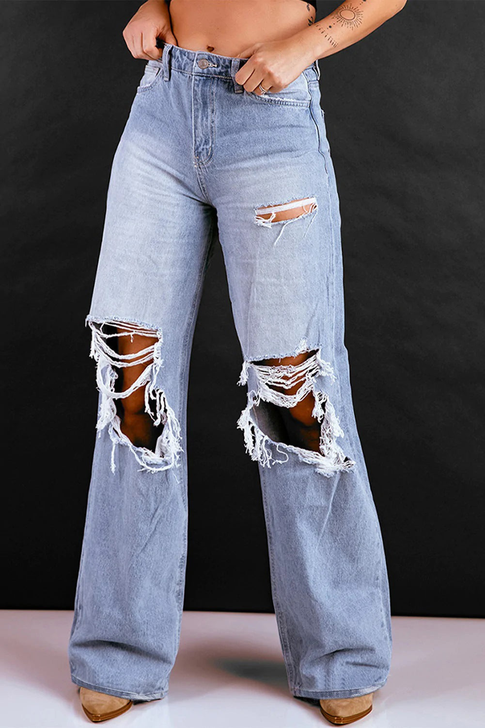 Women Loose Retro High Waist Ripped Wide Legged Jeans