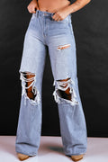Women Loose Retro High Waist Ripped Wide Legged Jeans