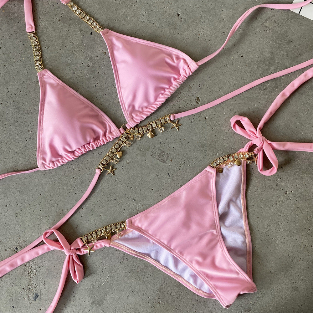 Rhinestone Jewelry Diamond Bikini Bandage Split Swimsuit Multicolor