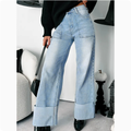 Ladies Retro High Waist Foot Folding Heavy Industry Wash Straight Micro Elastic Denim Trousers