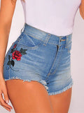 Ladies High Waist Slim Fit Side Embroidered Stretchy Burr Denim Shorts