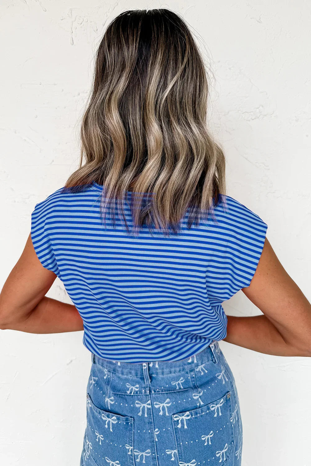 Black Stripe Ribbed Cap Sleeve Round Neck T Shirt