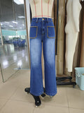 Rivet Inlaid Pocket Wide Foot Mouth Washed Denim Slim Straight Trousers