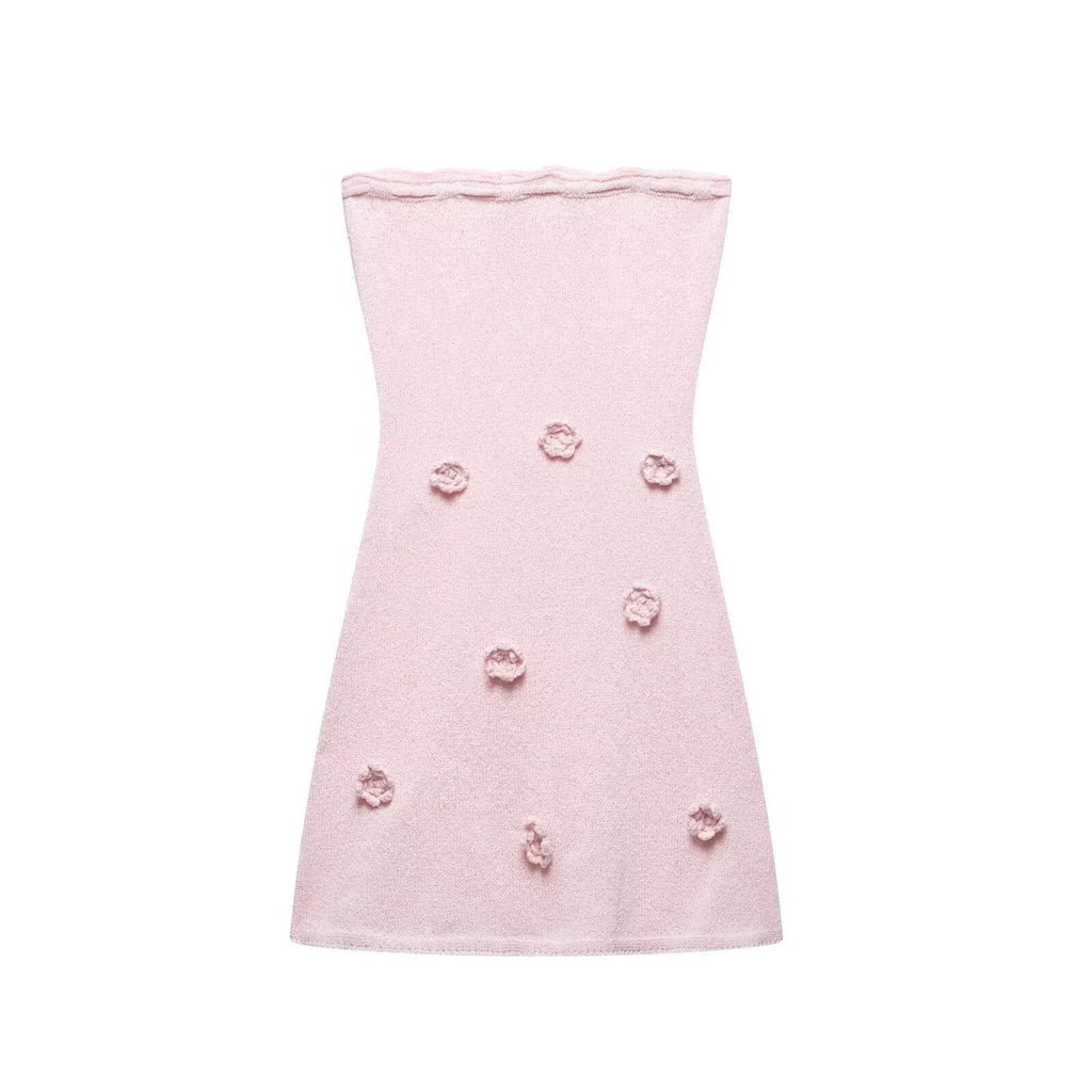 Women Clothing Spring Three Dimensional Floral Chest Lace up Knitted Tube Top Dress