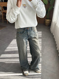 Ladies Retro Micro Elastic Heavy Industry Wash Straight Wide Leg Loose Denim Trousers