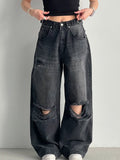 Women Loose Large Ripped Waist Adjustable Wide Leg Denim Trousers