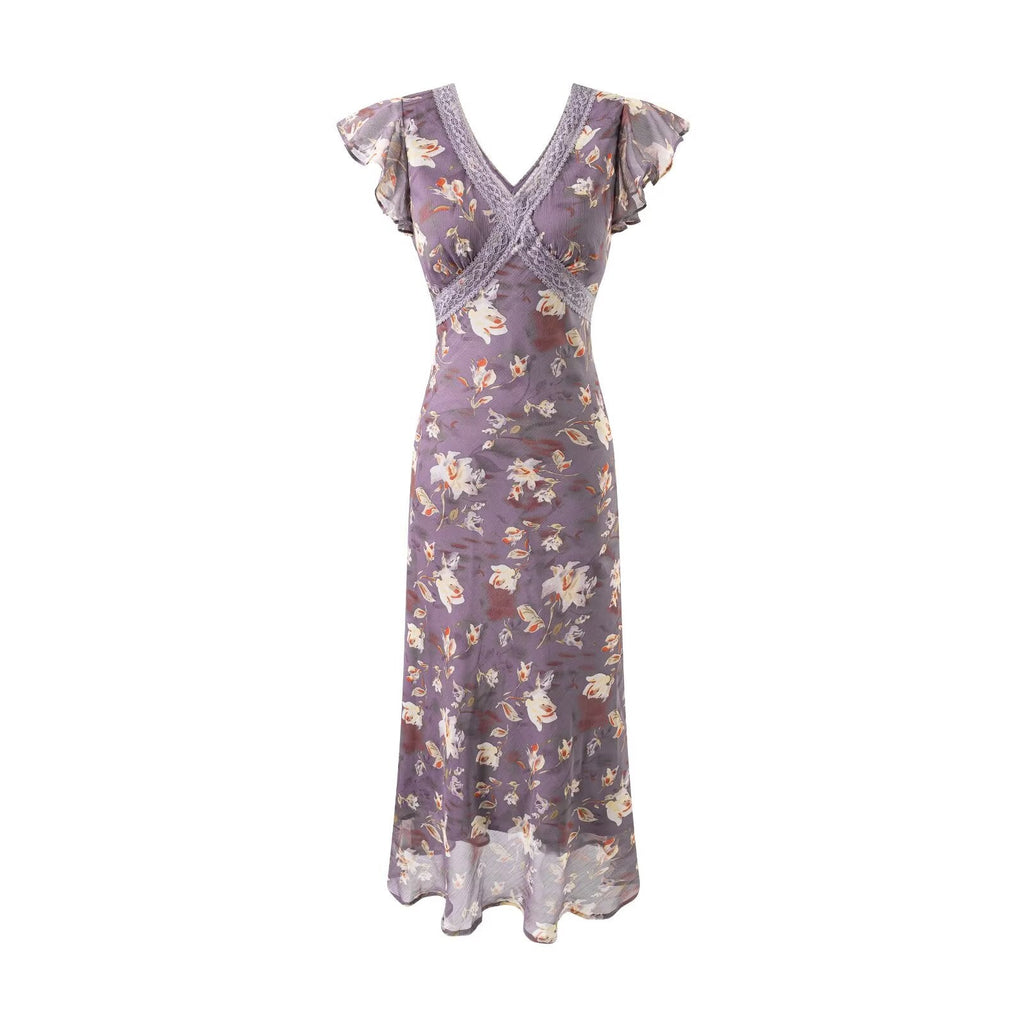Summer Elegant Romantic Flying Sleeve Lace V neck Patchwork Long Floral Slim Fitting Dress