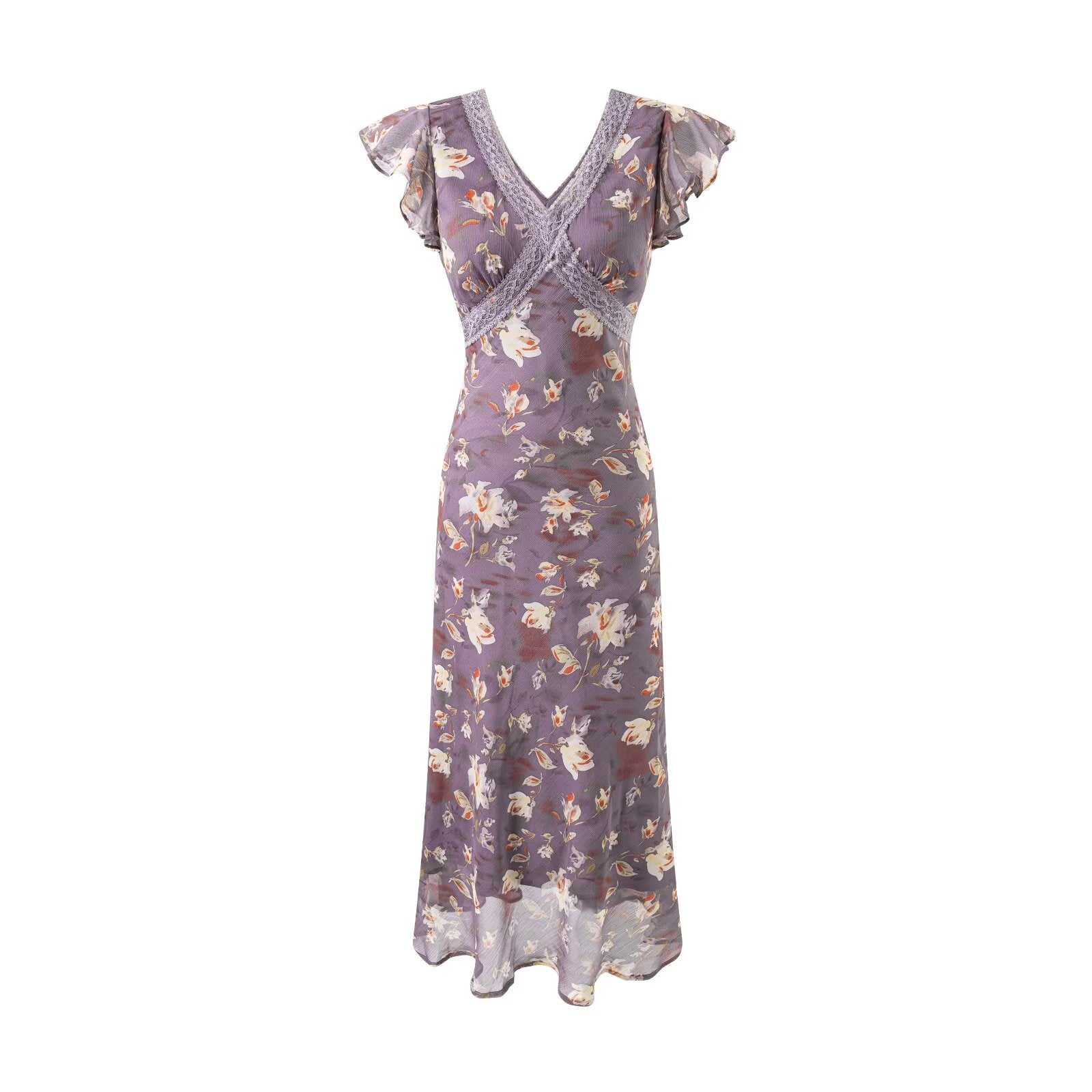 Summer Elegant Romantic Flying Sleeve Lace V neck Patchwork Long Floral Slim Fitting Dress