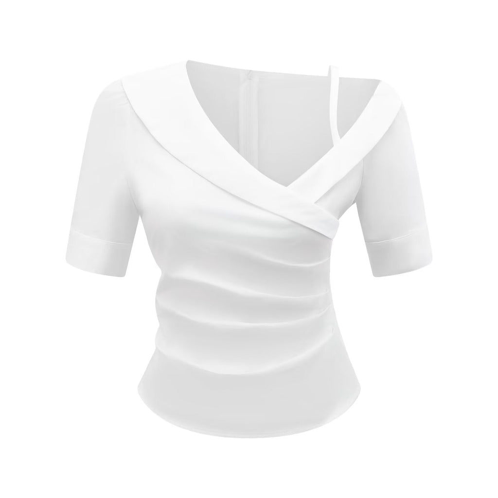 Pleated Design Summer White Short Sleeve Shirt Slim Fit Slim Fit Top
