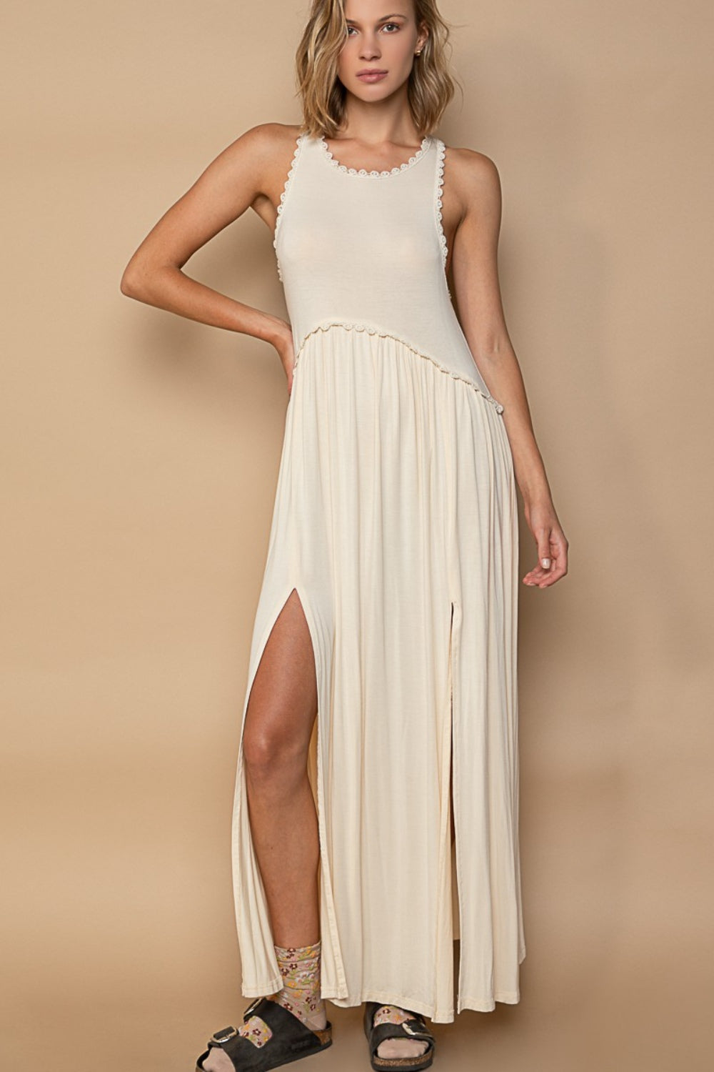 Sleeveless Back Zipper Front Slit Maxi Dress – Racerback Maxi Dress, Slit Detail Dress, Sleeveless Maxi Dress, Babydoll Silhouette Dress, Knit Maxi Dress, Front Slit Dress, Elegant Maxi Dress