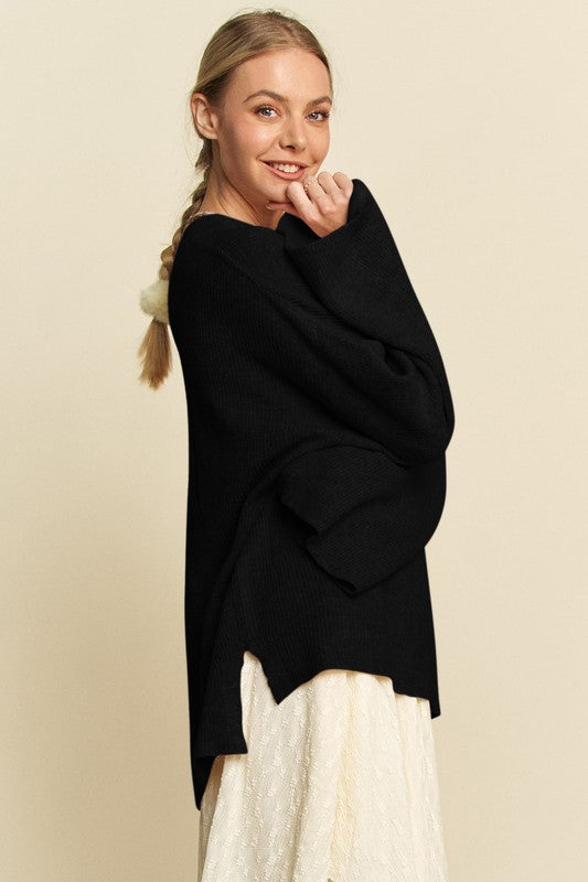 Back To School Sweater - Davi & Dani High-Low Round Neck Drop Shoulder Sweater