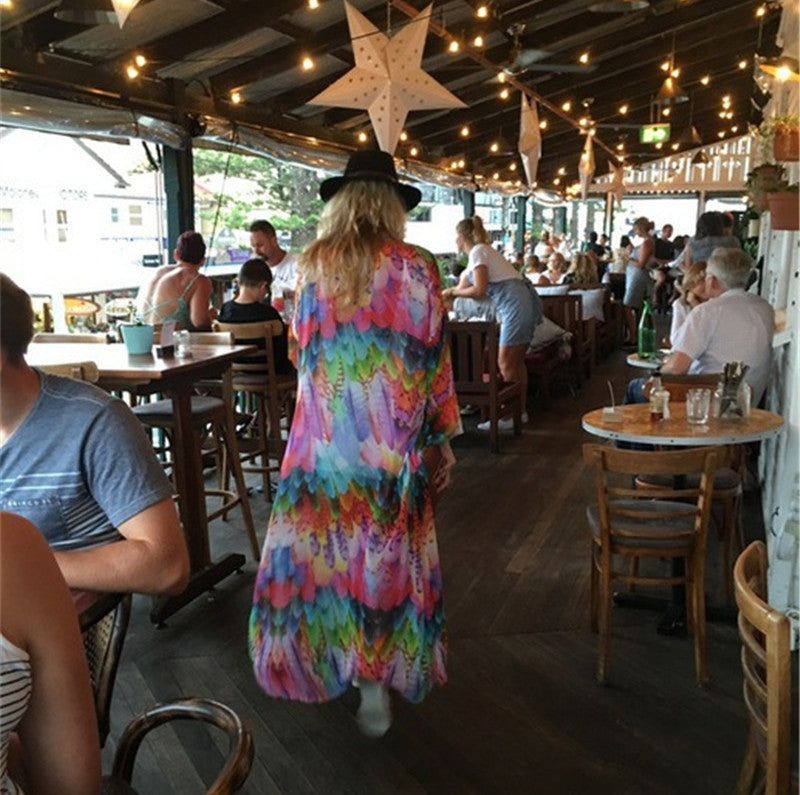 Beach Cover up Chiffon Colorful Feather Print Sun Protection Shirt Sexy Cardigan Loose Beach Cover Up