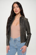 Vegan Leather Hooded Jacket with Pocket