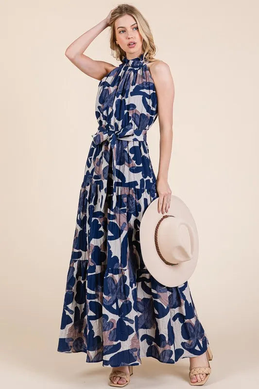 Lime 'N' Chili Abstract Halter Neck Tie-Waist Tiered Maxi Dress