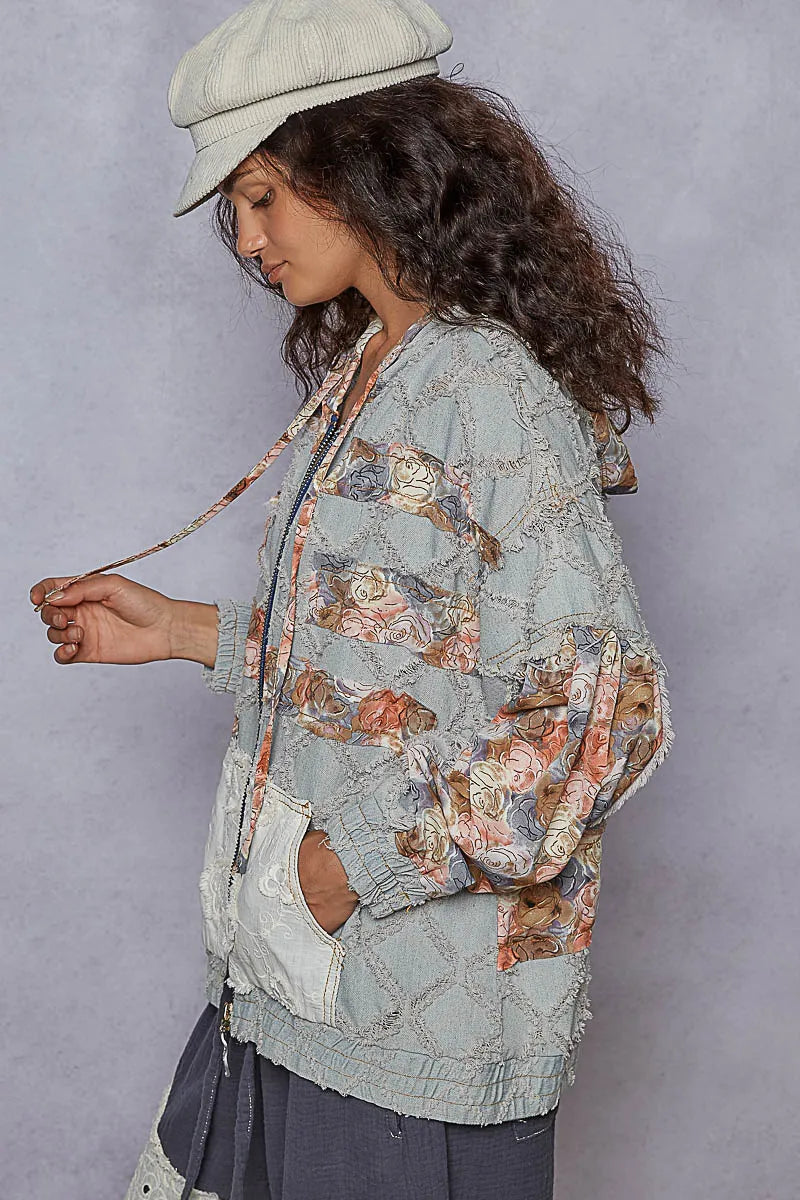 POL Zip Up Floral and Lace Patch Washed Denim Jacket