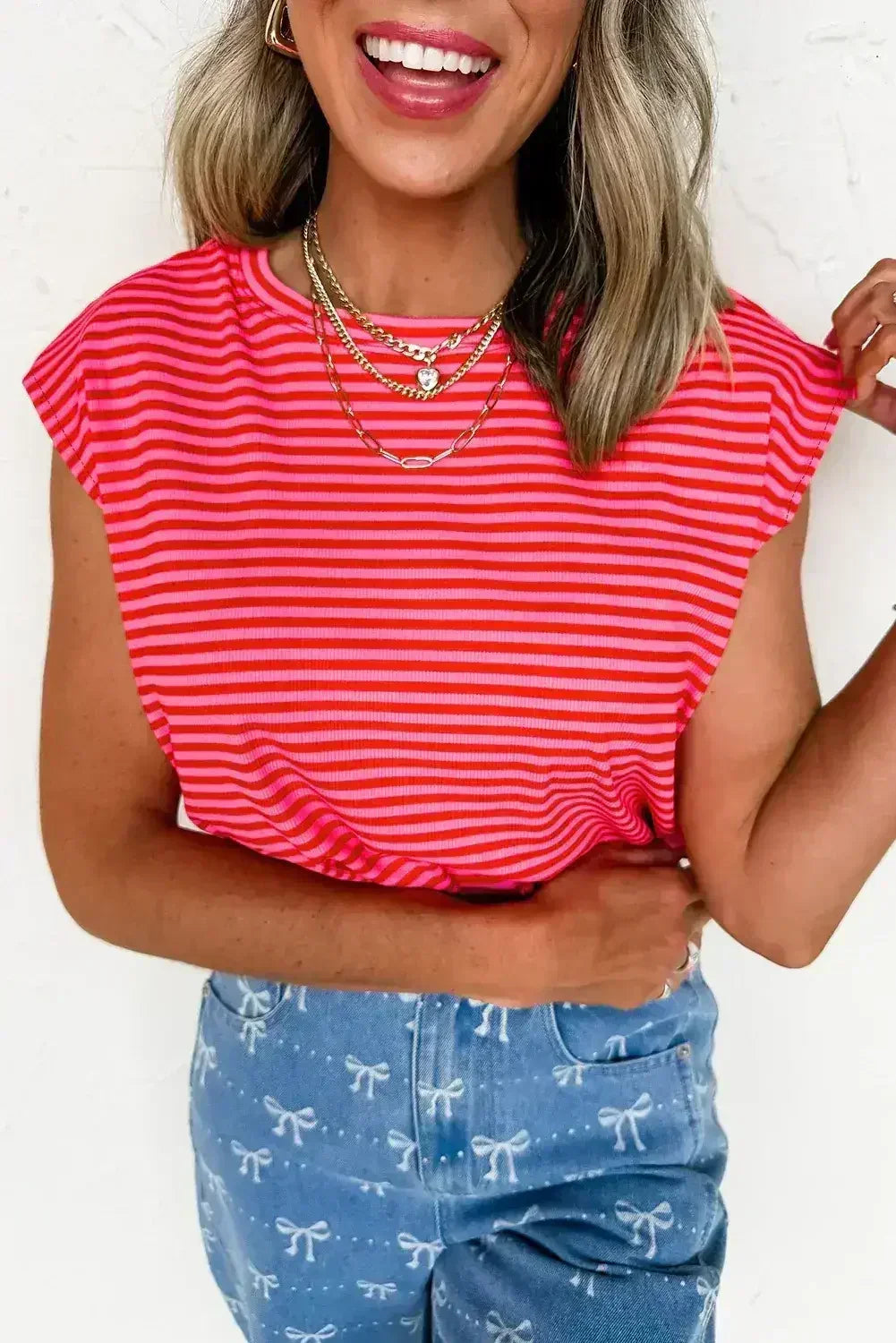 Black Stripe Ribbed Cap Sleeve Round Neck T Shirt