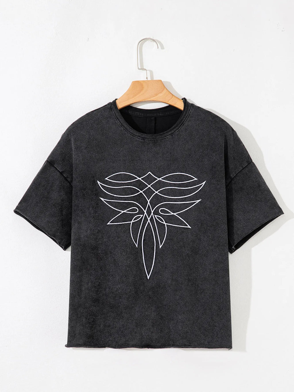 Floral Embroidered Mineral Wash Crew Neck T Shirt