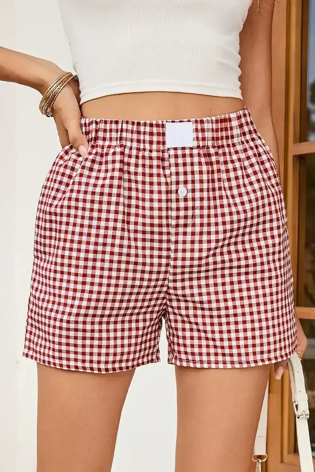 Blue Vintage Gingham Print High Waisted Loose Shorts