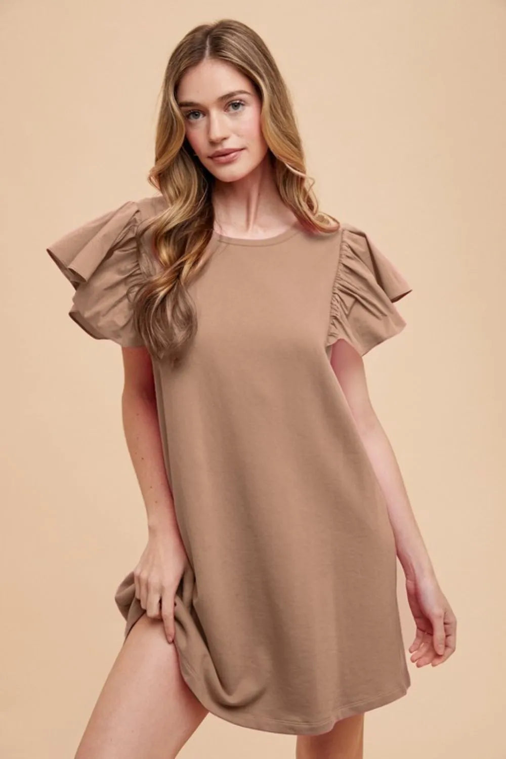 Annie Wear Round Neckline Ruffle Sleeve Relaxed Knit Dress
