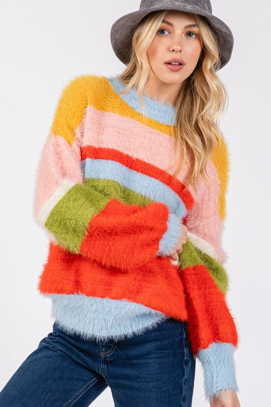 Back To School Sweater - SAGE + FIG Color Block Round Neck Dropped Shoulder Sweater