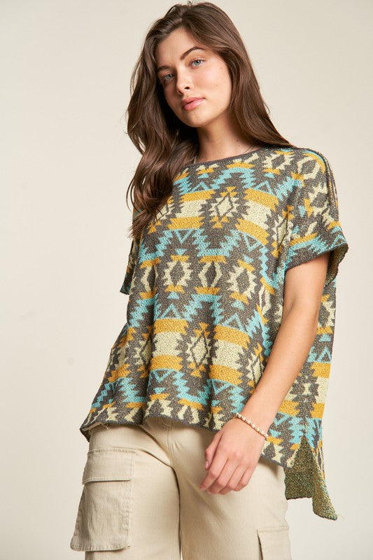 Back To School Sweater - Davi & Dani High-Low Geometric Round Neck Knit Top