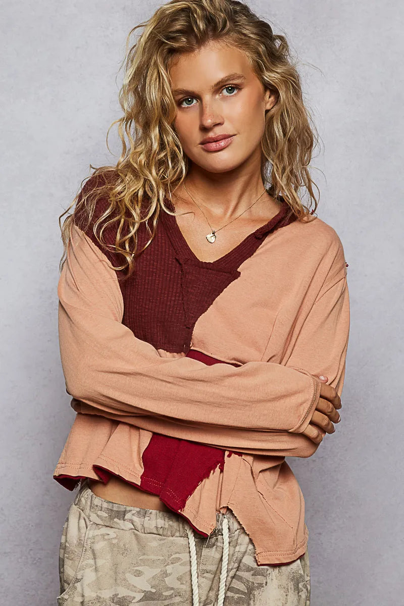 POL Color Block Notched Long Sleeve T-Shirt