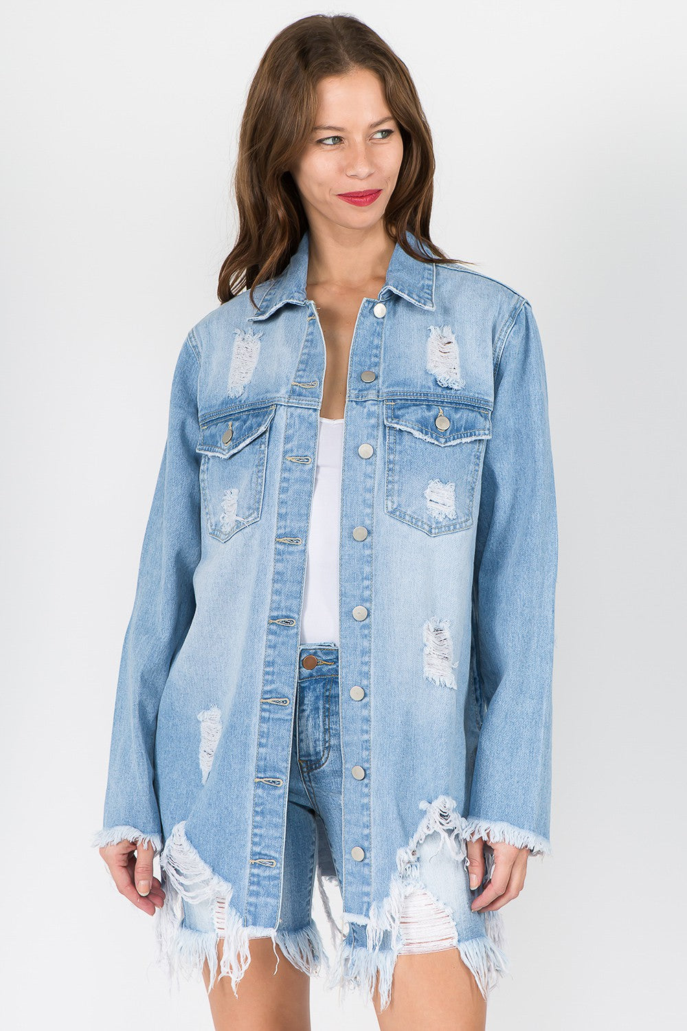 Women's Distressed Denim Jacket with Frayed Hem