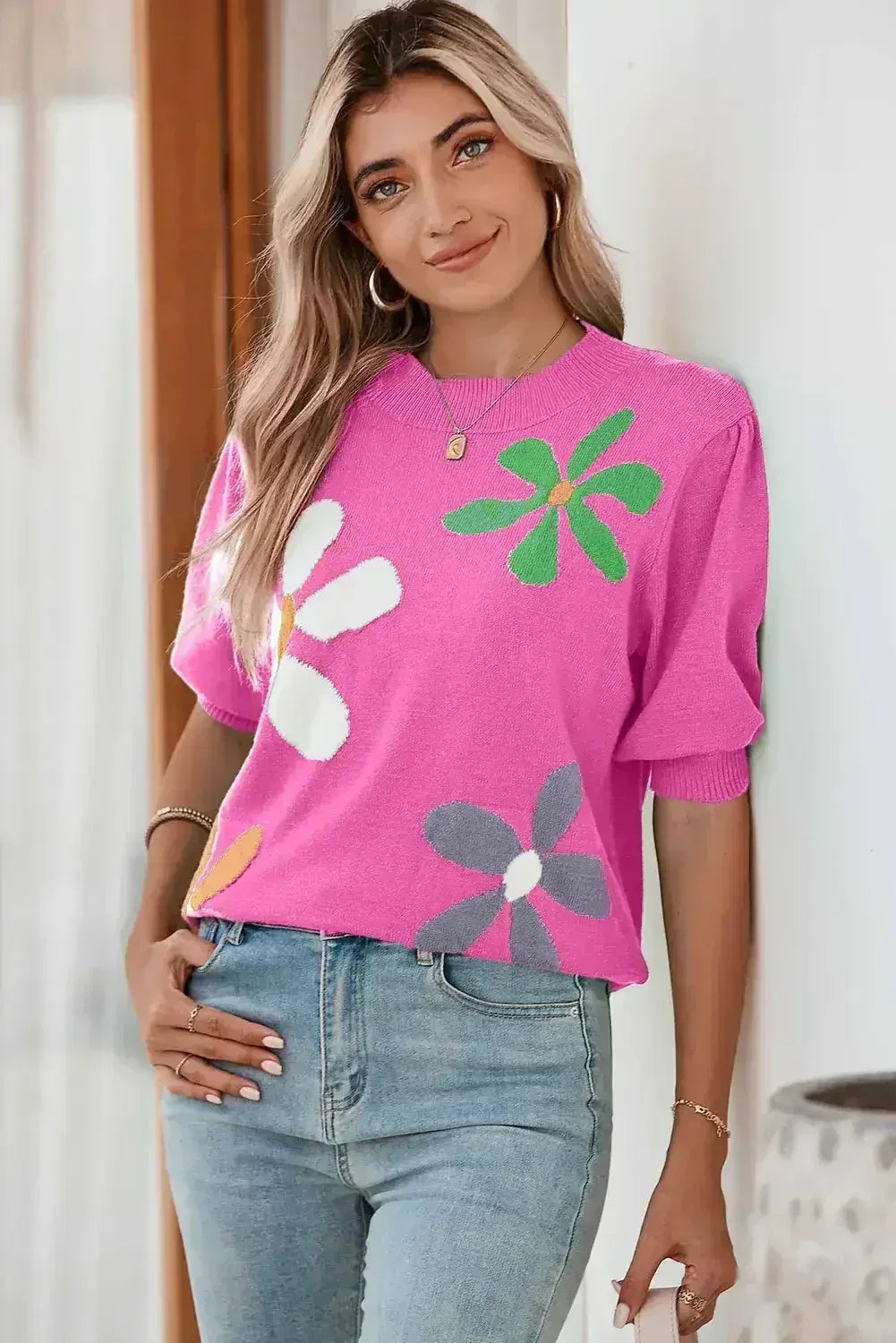 Bright Green 60s Floral Bubble Short Sleeve Knitted Top
