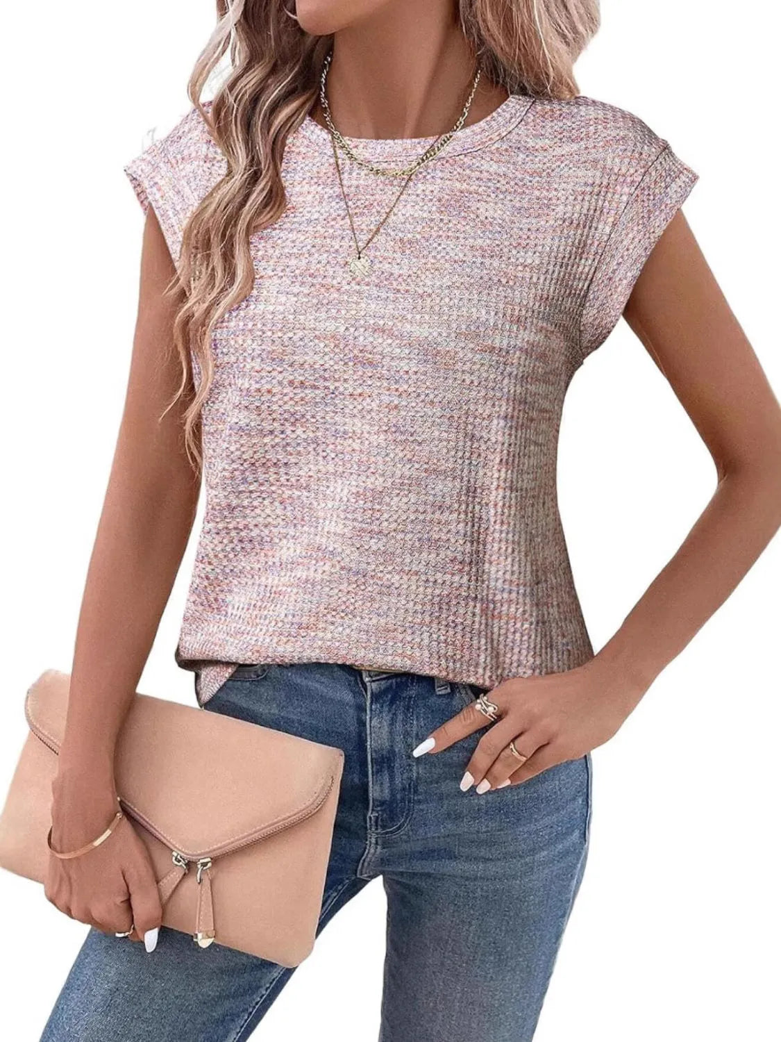 Round Neck Knit Cap Sleeve Top