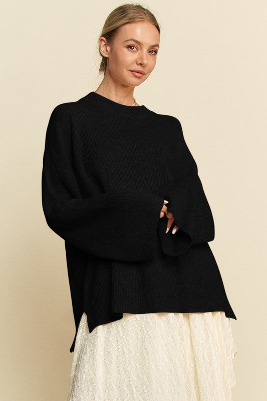 Back To School Sweater - Davi & Dani High-Low Round Neck Drop Shoulder Sweater