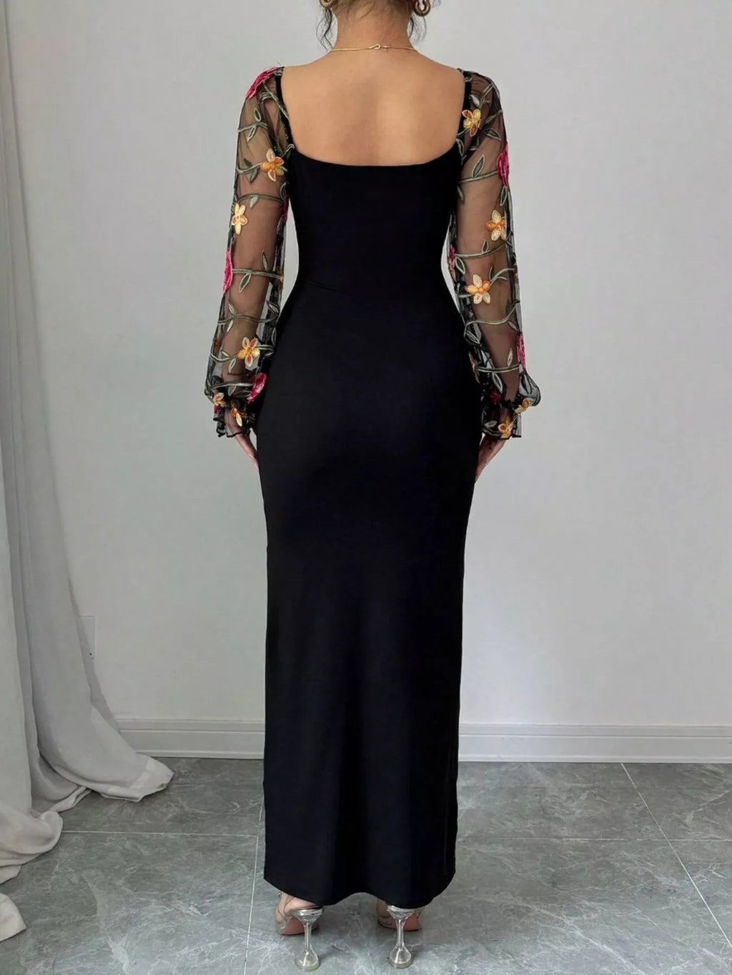 Sheer Floral Mesh Sleeves Bodycon Dress