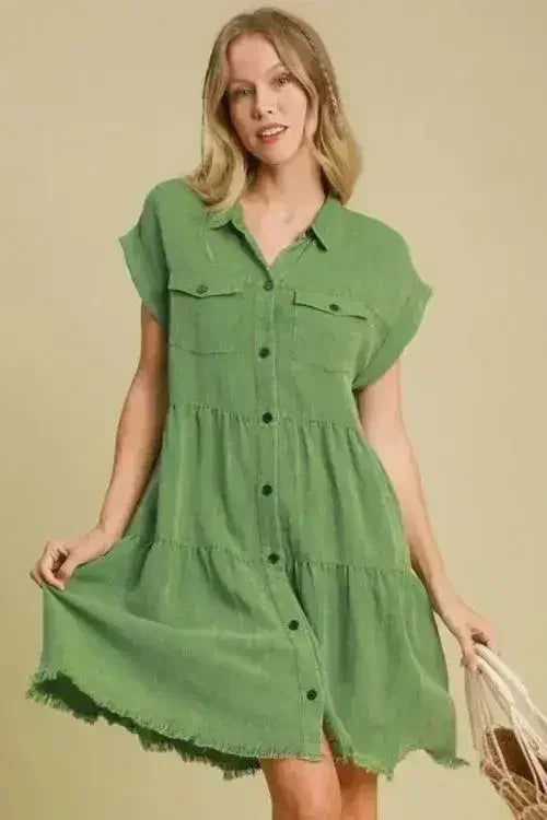 Umgee Full Size Frayed Hemline Button Down Shirt Dress Plus Size