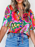 Tropical Print Short Sleeve Tie Neck Blouse