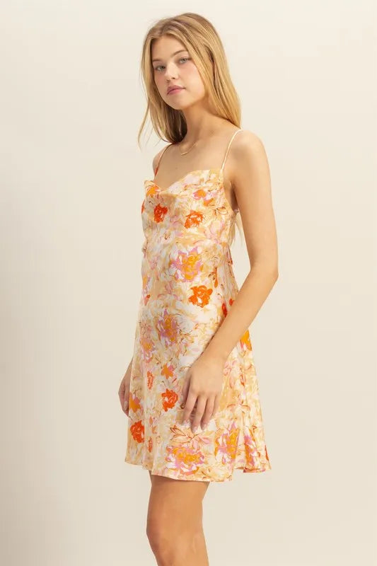 HYFVE Floral Cowl Neck Flirty Satin Mini Dress