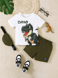 Children's Dinosaur Round Neck Top and Pants Set with Crossbody Bag
