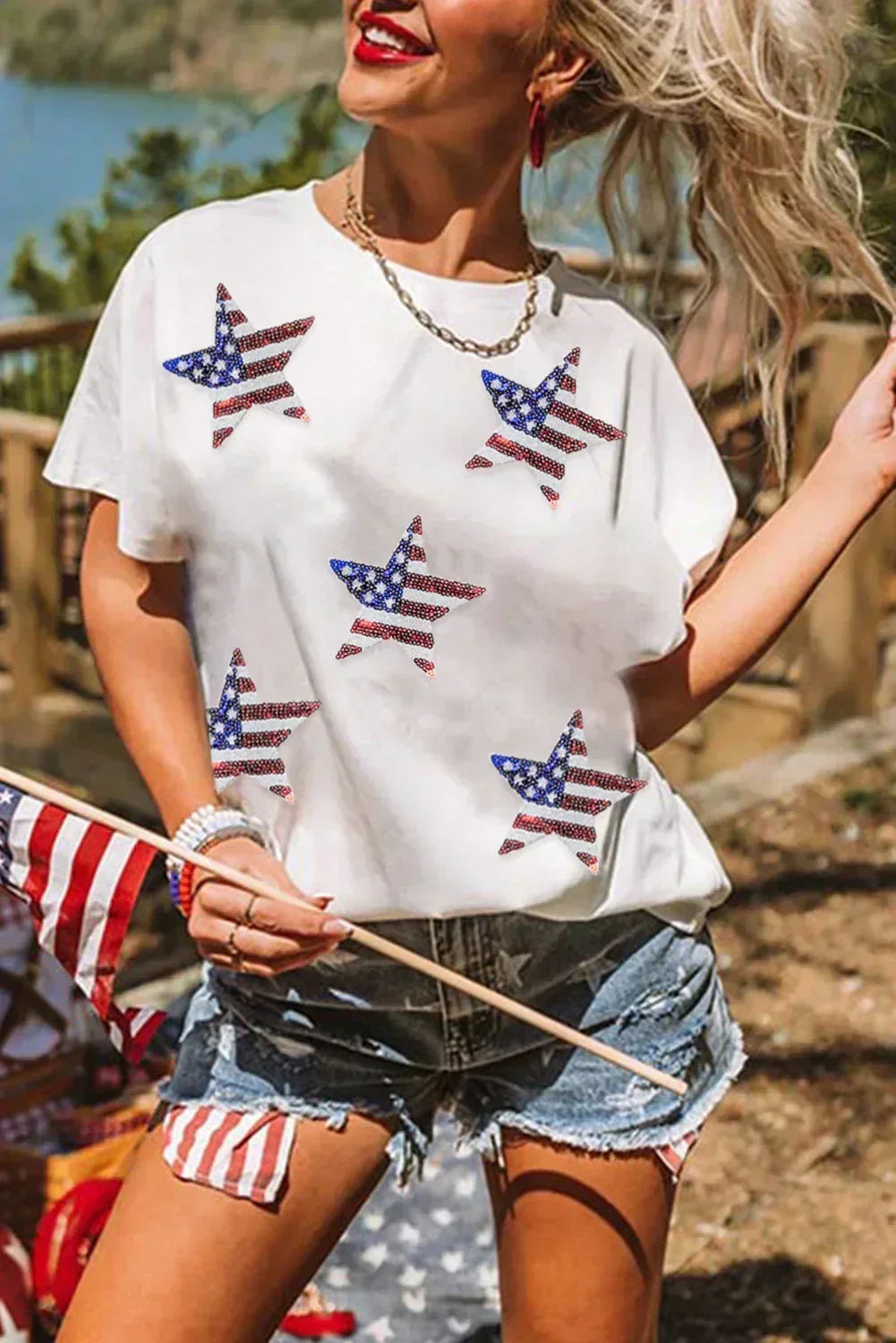 Black Sequined American Flag Star Graphic T Shirt