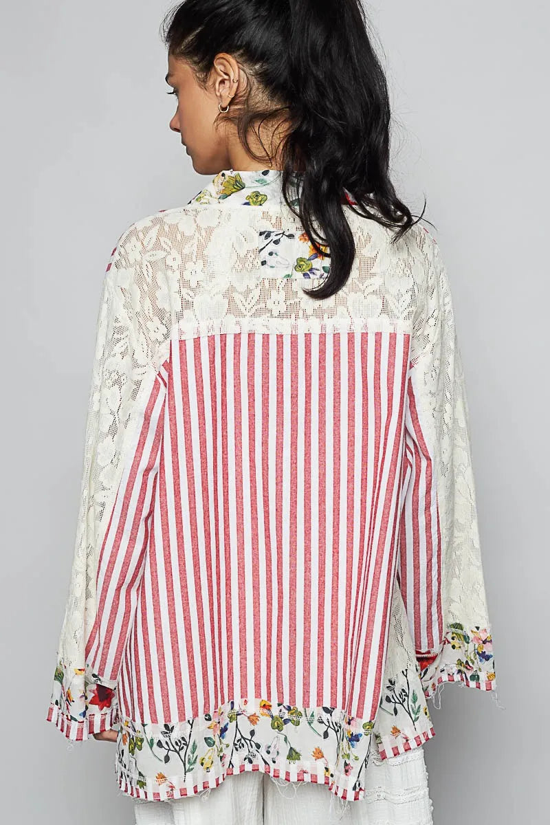 POL Lace Long Sleeve Striped Cardigan with Floral Patchwork Detail