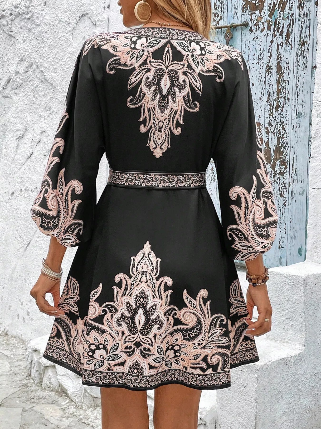 Printed Balloon Sleeve Mini Dress