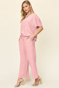 Textured Knit Short Sleeve Top and Pants Set