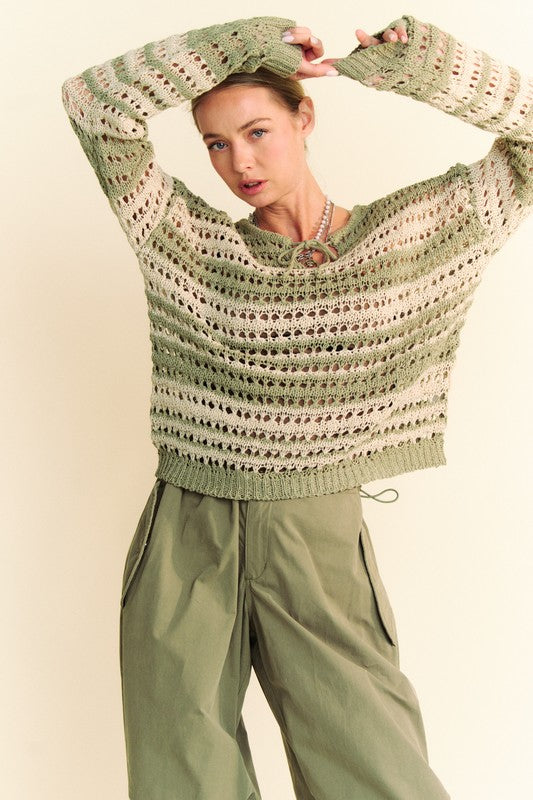 Back To School Sweater - Davi & Dani Contrast Striped Crochet Drop Shoulder Knit Cover Up