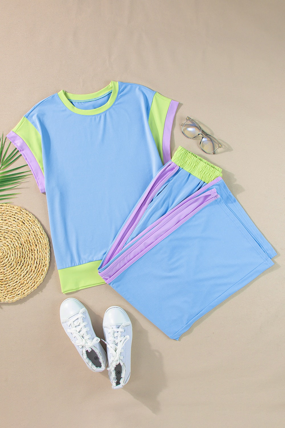Polyester Two-Piece Set with Contrast Top & Pants