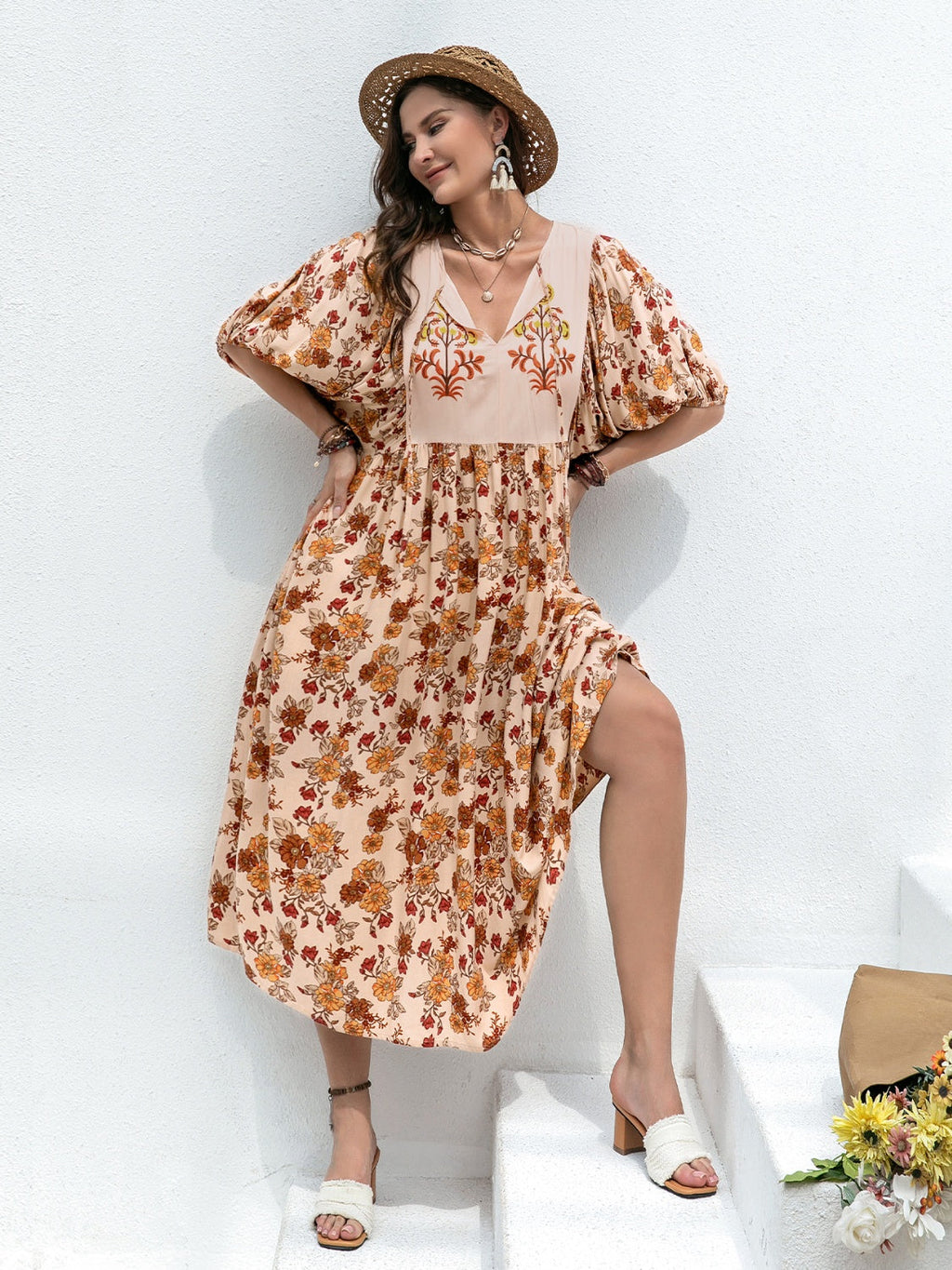 Back-to-School Plus Size Printed Tie-Neck Midi Dress