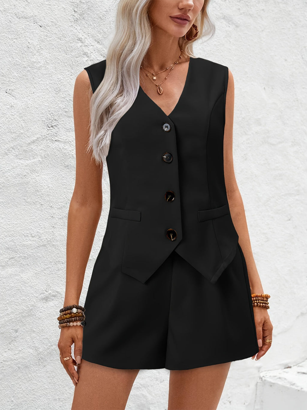 V-Neck Button Down Vest and Shorts Set